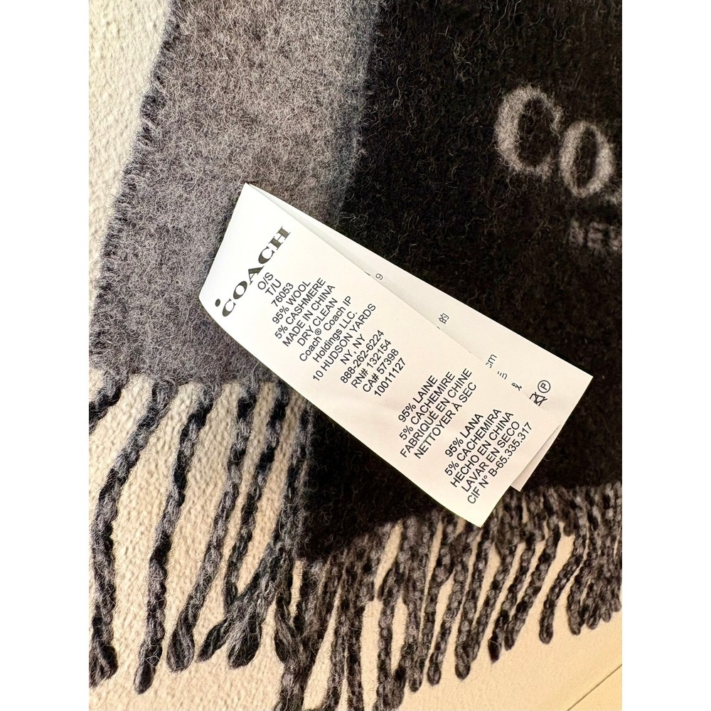 Coach Signature Bi-Color Logo Scarf Wool Cashmere Blend Black Grey Fringe 76053 - Picture 7 of 9